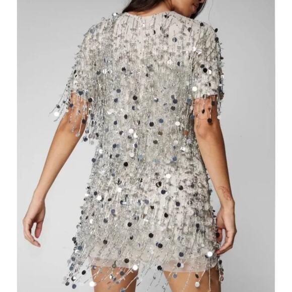 NWT Nasty Gal Silver Disc Tassel Beaded Shift Dress in Silver - Picture 3 of 8